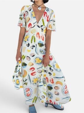 Mediterranean Seafood Print Midi Dress Italian Summer Size Small NWT